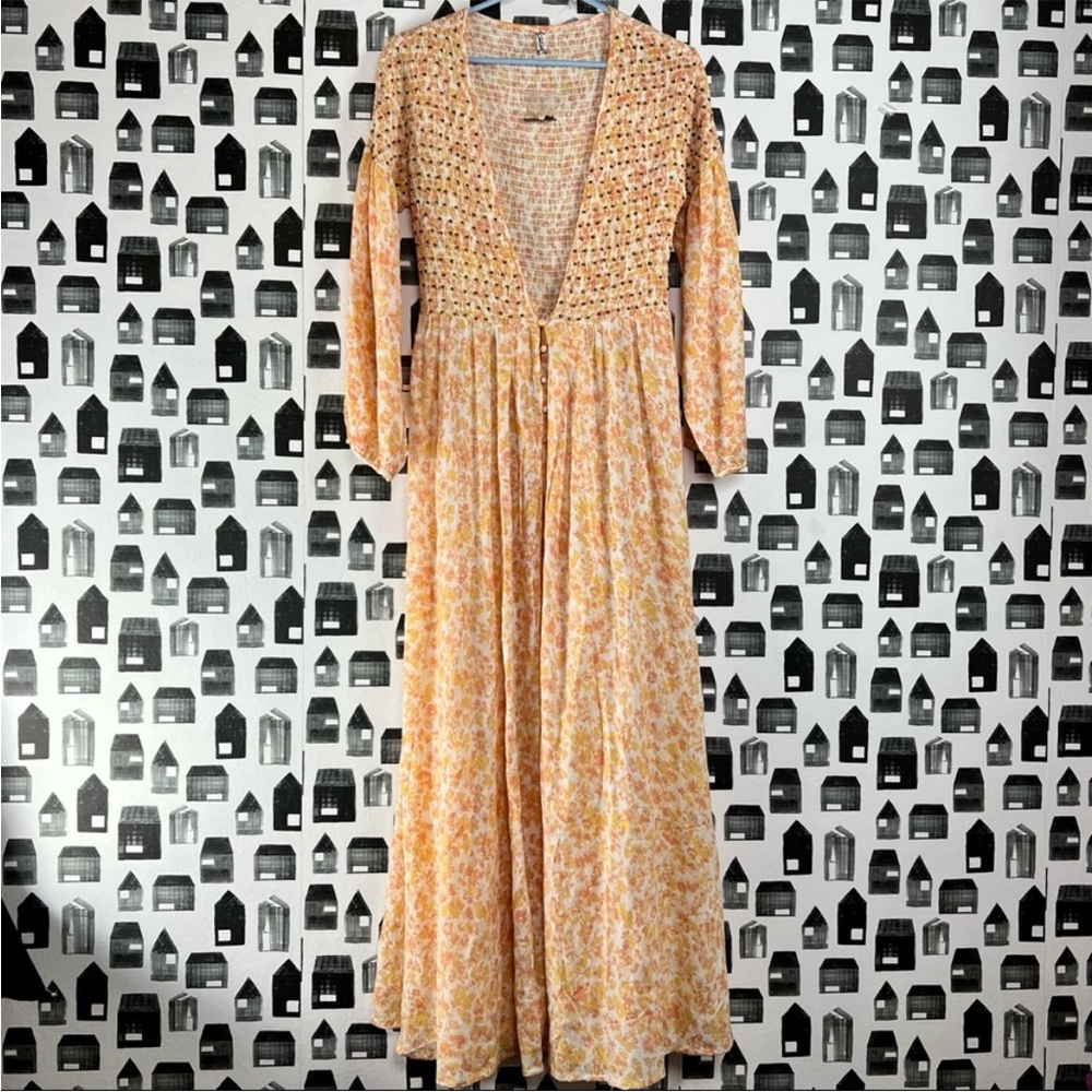 Free people - intimately orange floral print button-down studded overdre…